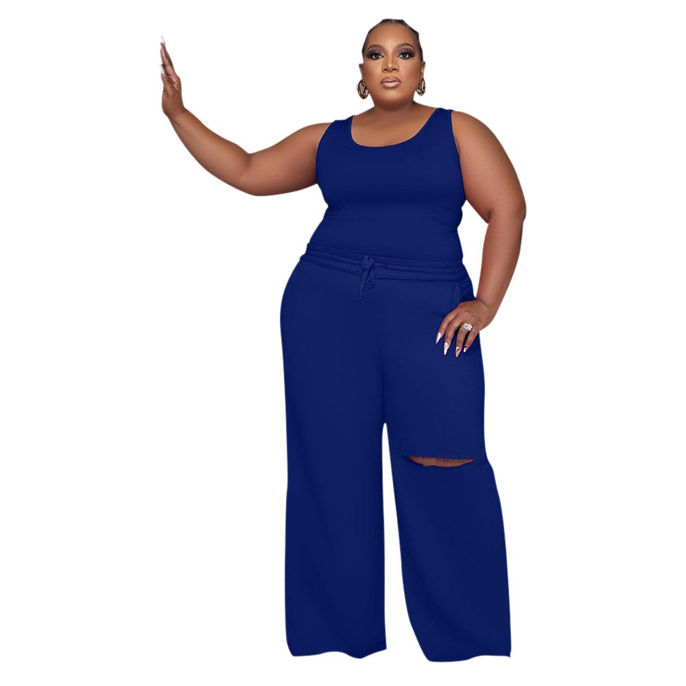 Fashion Women's Sets S-5XL Plus Size Solid Wide Leg Pants Set Tank Top Two Piece Set Women Clothing Summer 2023
