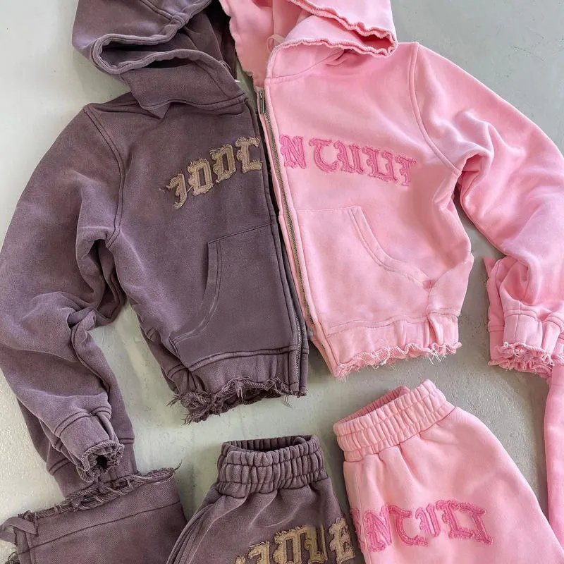 2024 Streetwear Vintage Sweatsuit Zip Up Distressed Embroidery Patch Acid Wash Women's Tracksuit Set Custom Women Hoodies Set