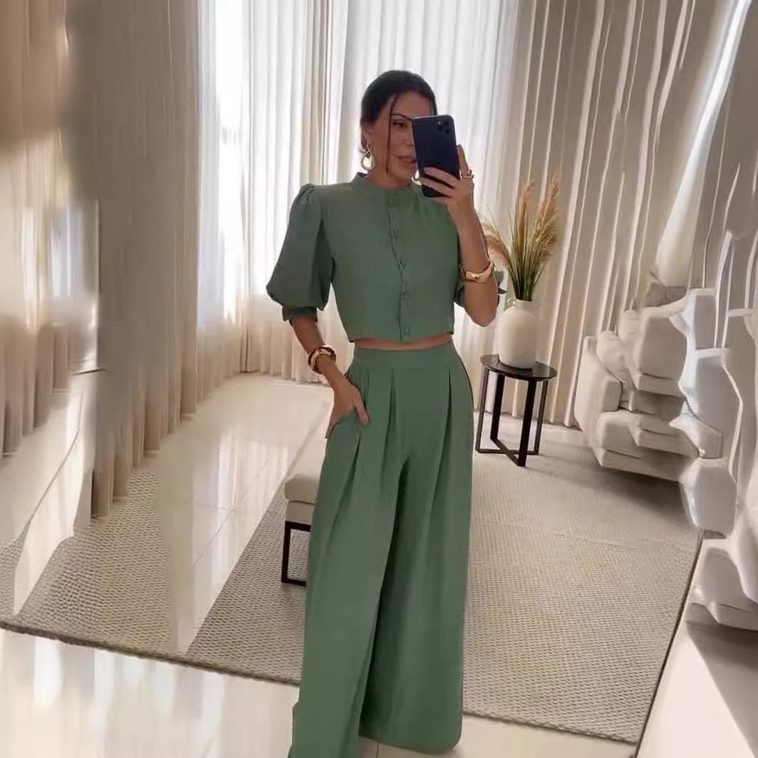 Boutique Wholesale 2024 Summer New Fashion Striped Mid Sleeve Shirt Casual Pants Women's Set