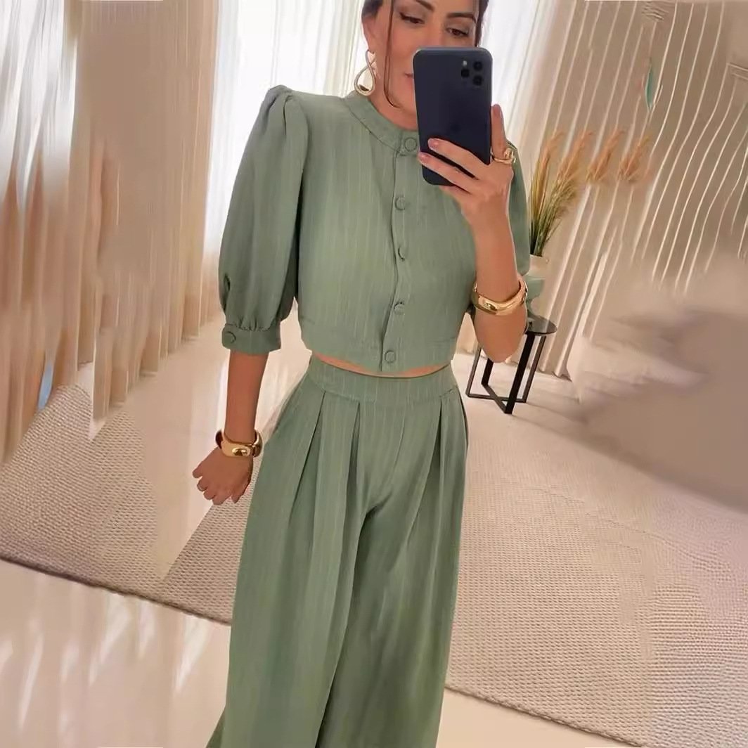 Boutique Wholesale 2024 Summer New Fashion Striped Mid Sleeve Shirt Casual Pants Women's Set