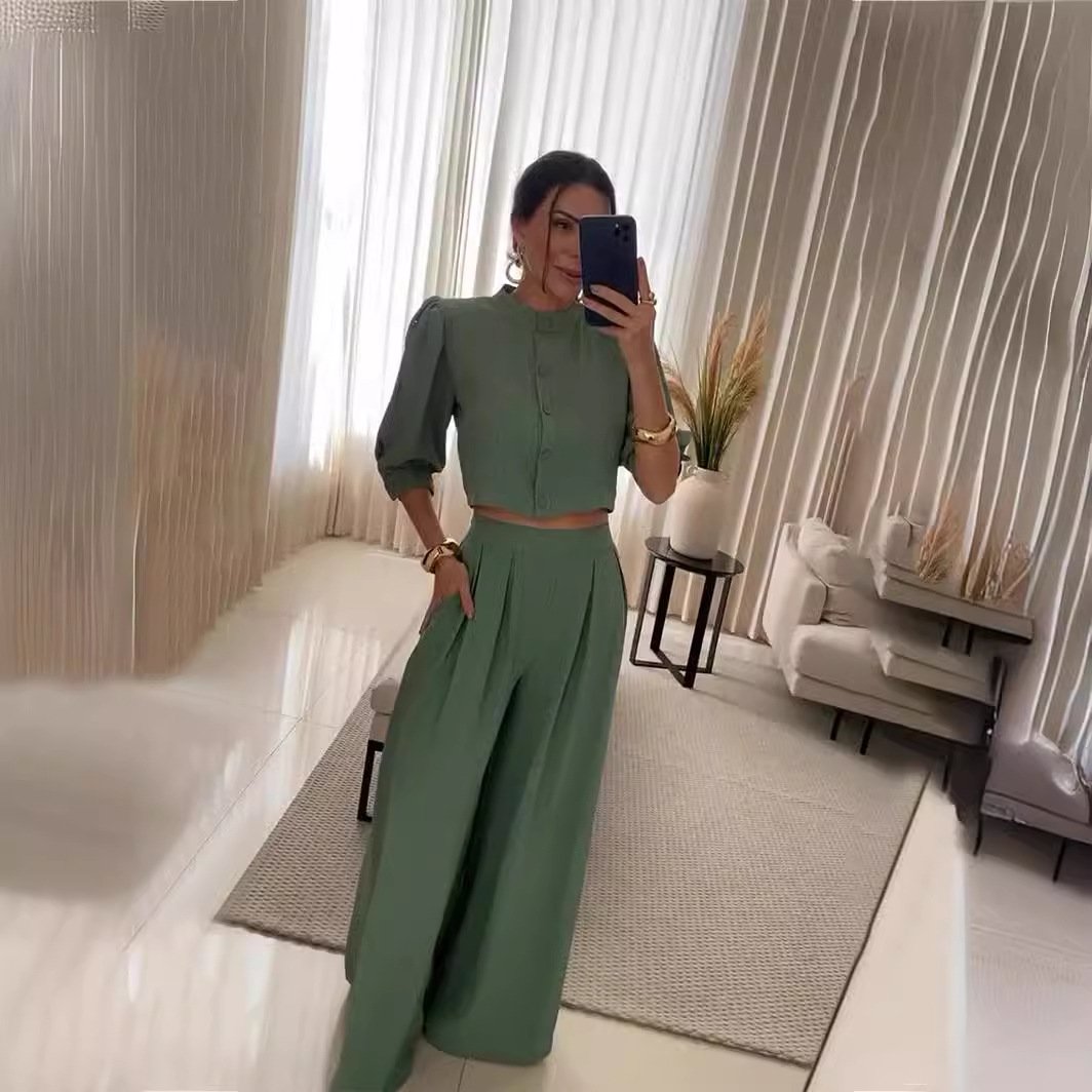 Boutique Wholesale 2024 Summer New Fashion Striped Mid Sleeve Shirt Casual Pants Women's Set