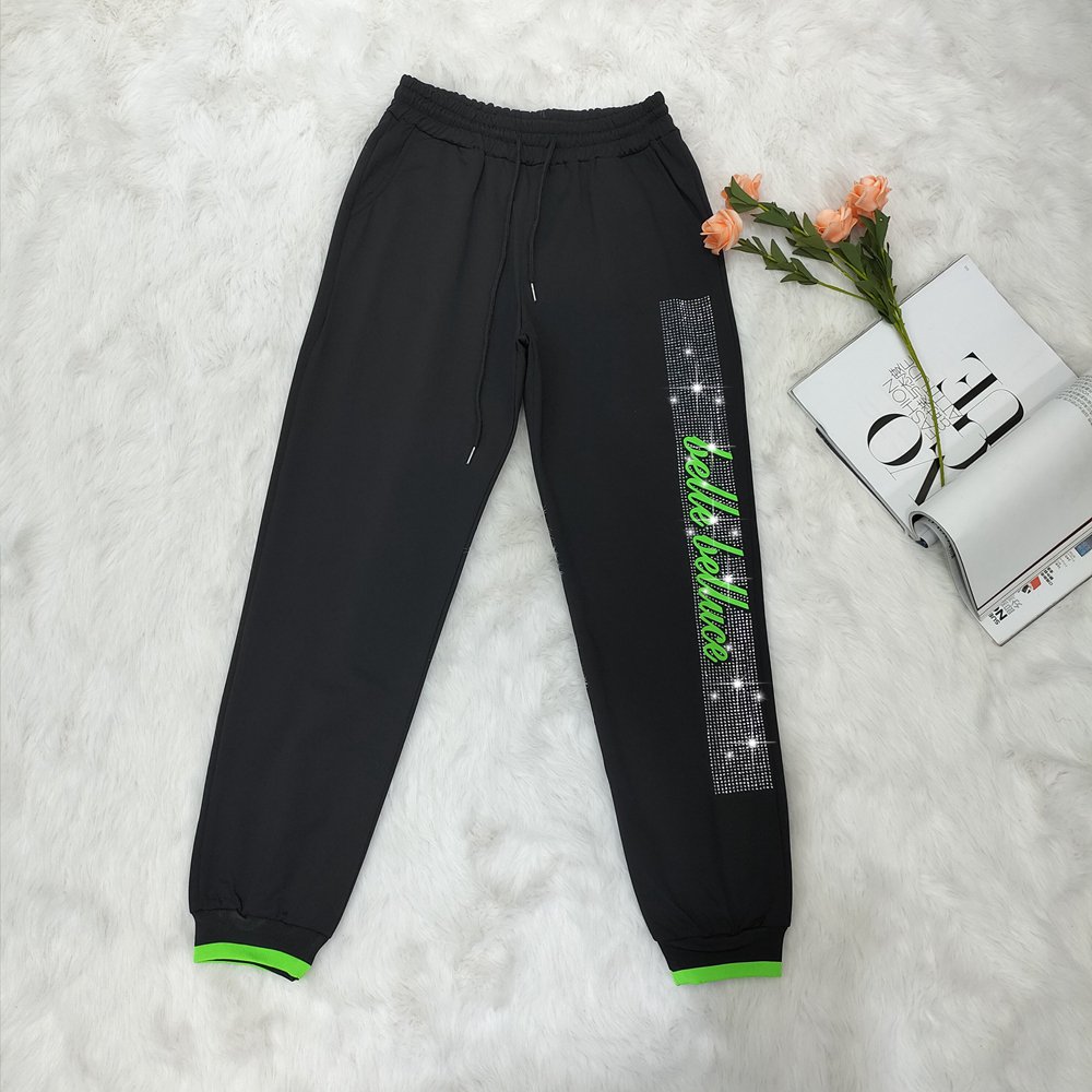 Luxury Casual Knitted Customized Logo Printing Women Two Piece Pant Set Rhinestone Long Sleeve Top Elastic Waist Pants Set