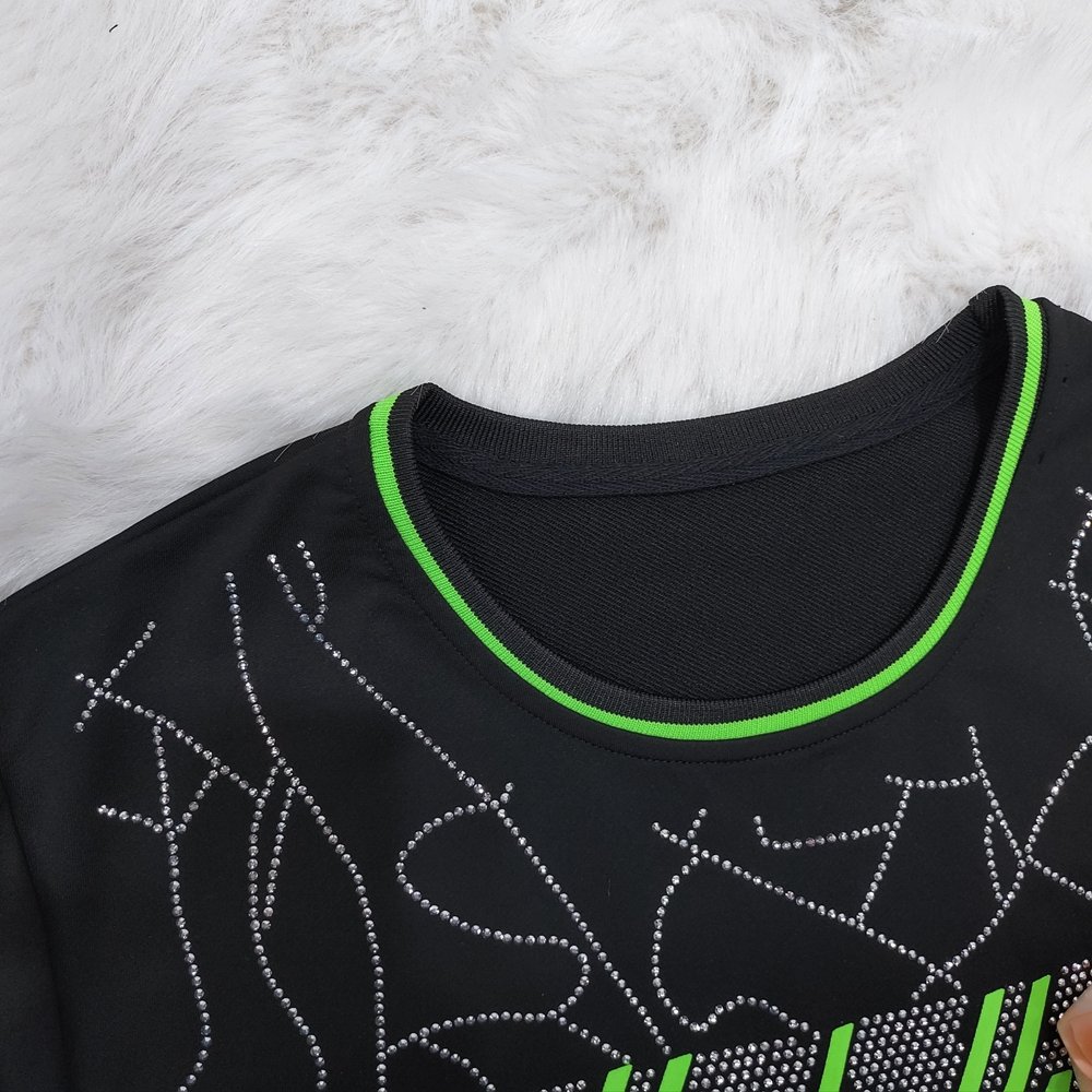 Luxury Casual Knitted Customized Logo Printing Women Two Piece Pant Set Rhinestone Long Sleeve Top Elastic Waist Pants Set