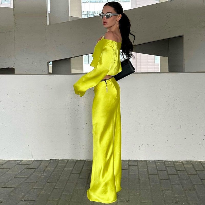 Satin Elegant Two Piece Skirt Set Off Shoulder Women Sexy Party Club Crop Top And Bodycon Long Skirt
