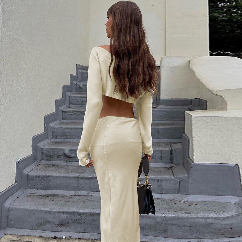 Satin Elegant Two Piece Skirt Set Off Shoulder Women Sexy Party Club Crop Top And Bodycon Long Skirt
