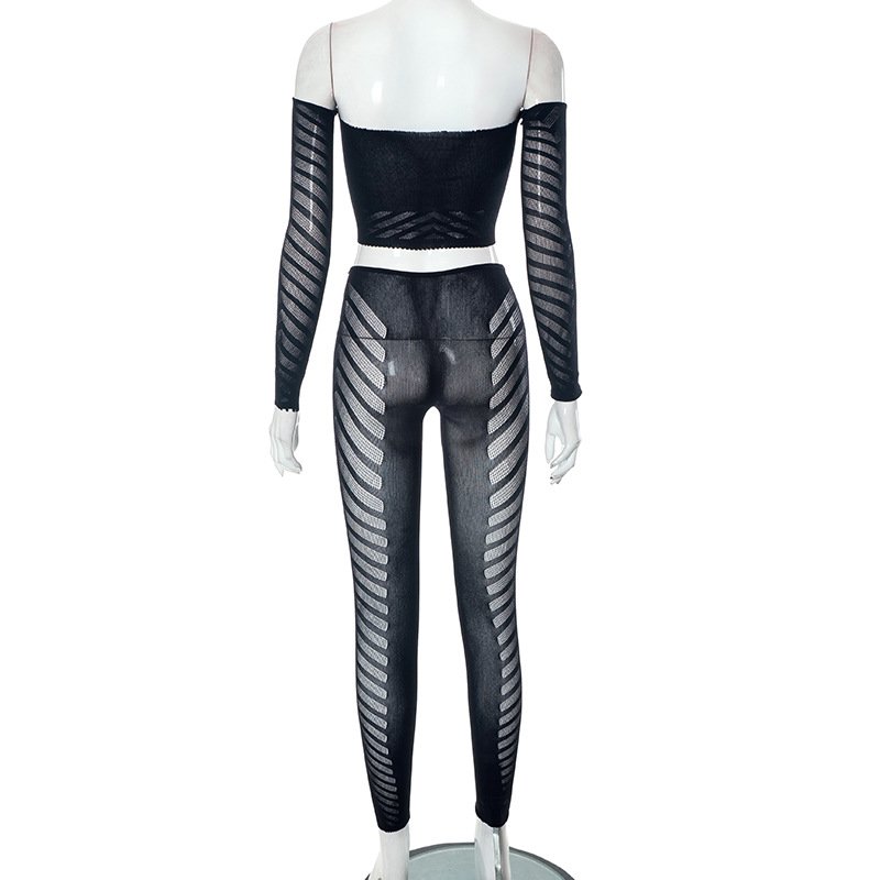 Free Size Women Summer Casual Mesh Patchwork Off Shoulder Long Sleeve Long Pants Set