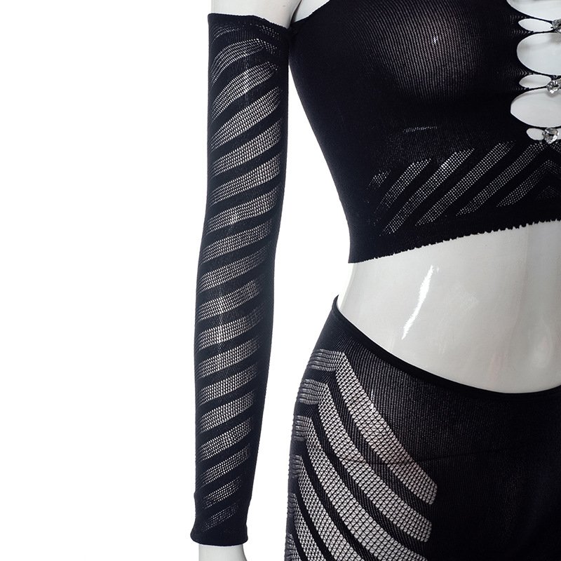 Free Size Women Summer Casual Mesh Patchwork Off Shoulder Long Sleeve Long Pants Set
