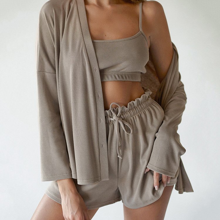Quality Knitted Ice Silk Ribbed Camisole Tops Long Sleeve Blouse And Shorts Summer Fall 3 Piece Sets Pajamas Home Clothes Woman