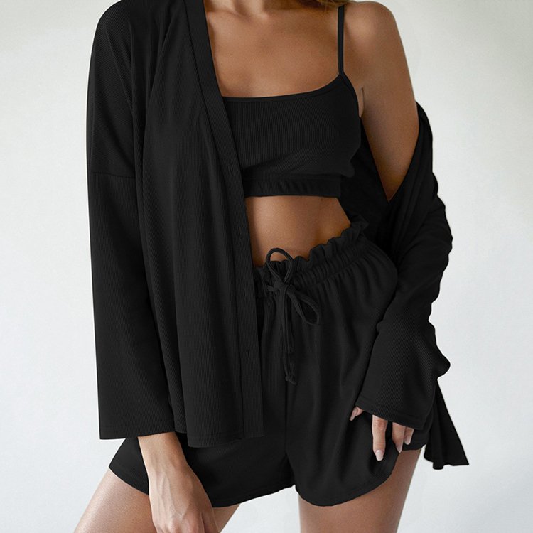 Quality Knitted Ice Silk Ribbed Camisole Tops Long Sleeve Blouse And Shorts Summer Fall 3 Piece Sets Pajamas Home Clothes Woman