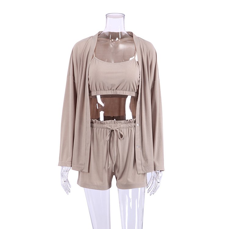Quality Knitted Ice Silk Ribbed Camisole Tops Long Sleeve Blouse And Shorts Summer Fall 3 Piece Sets Pajamas Home Clothes Woman