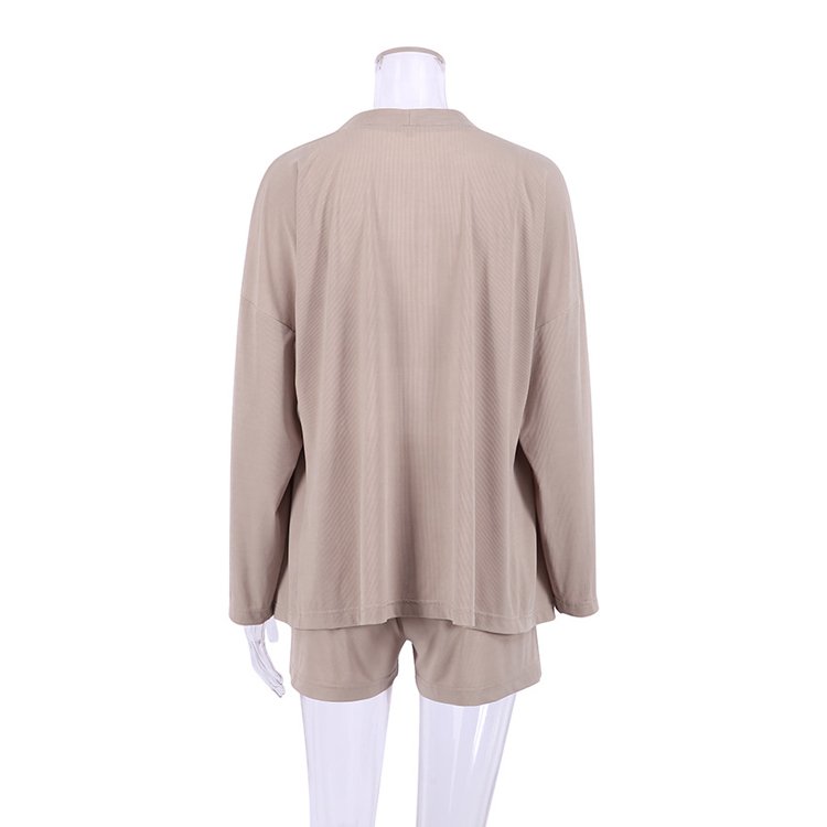 Quality Knitted Ice Silk Ribbed Camisole Tops Long Sleeve Blouse And Shorts Summer Fall 3 Piece Sets Pajamas Home Clothes Woman