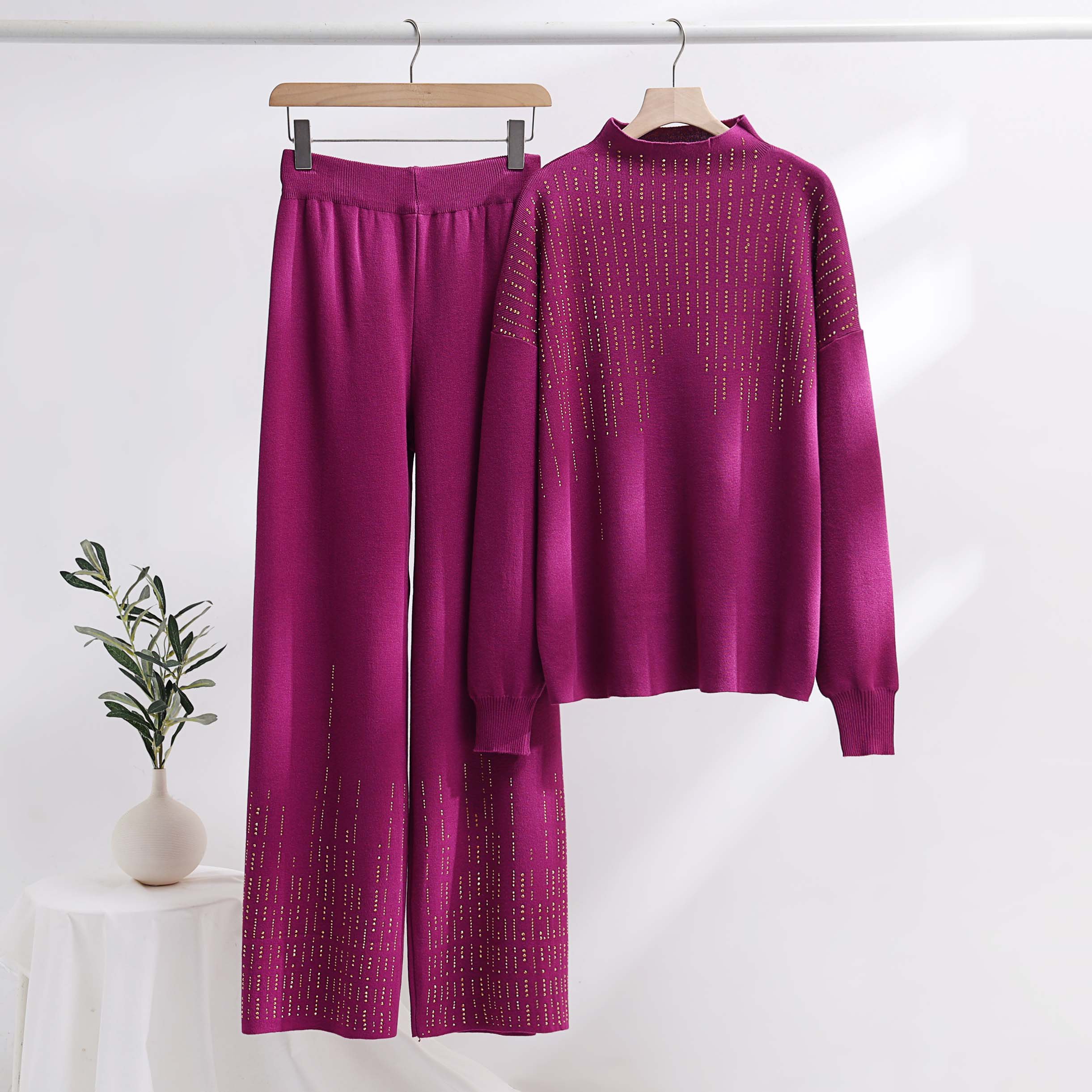 Heavy press drill elegant knit base pants two-piece women's 2024 autumn/winter lazy turtleneck sweater pants sport suit