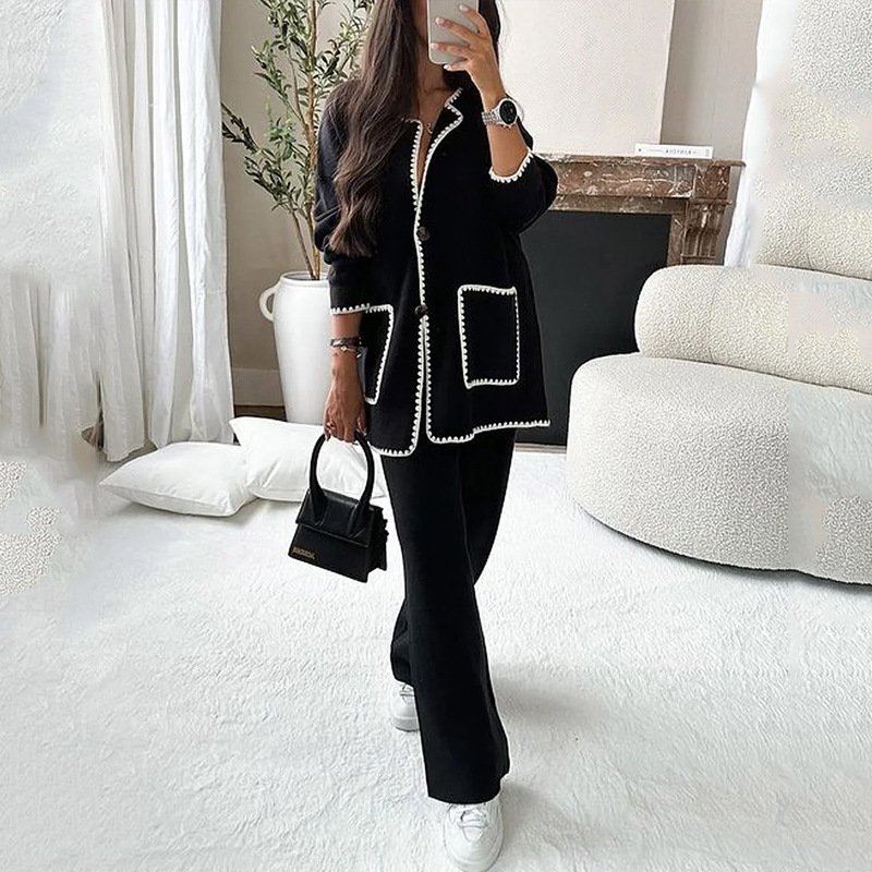 Ladies autumn new clothing fashion women casual loose solid color cardigan shirt pants two piece women's sets