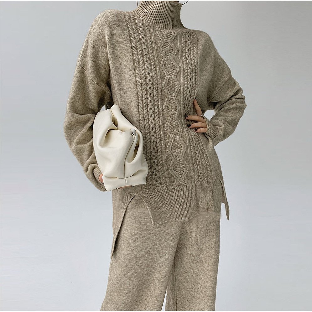 Autumn Winter Solid Turtleneck Loose Long Sleeve Sweater Wide Leg Pants Ladies Knit Set For Women