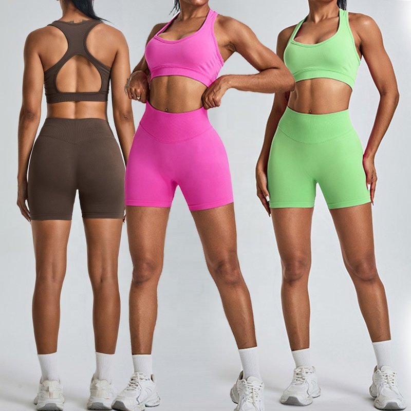 YIYI New Women Seamless Ribbed Yoga Workout Set Hollow Back Sports Bra High Waist Booty Biker Shorts 2 Piece Gym Fitness Sets