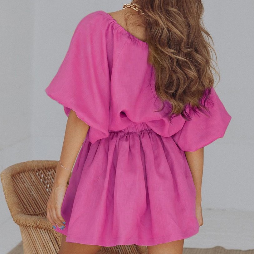 Casual Custom Cotton Women's Clothing 2 Piece Set Women V Neck Lantern Sleeve Skirt Outfit Short Suit Linen Women's Sets