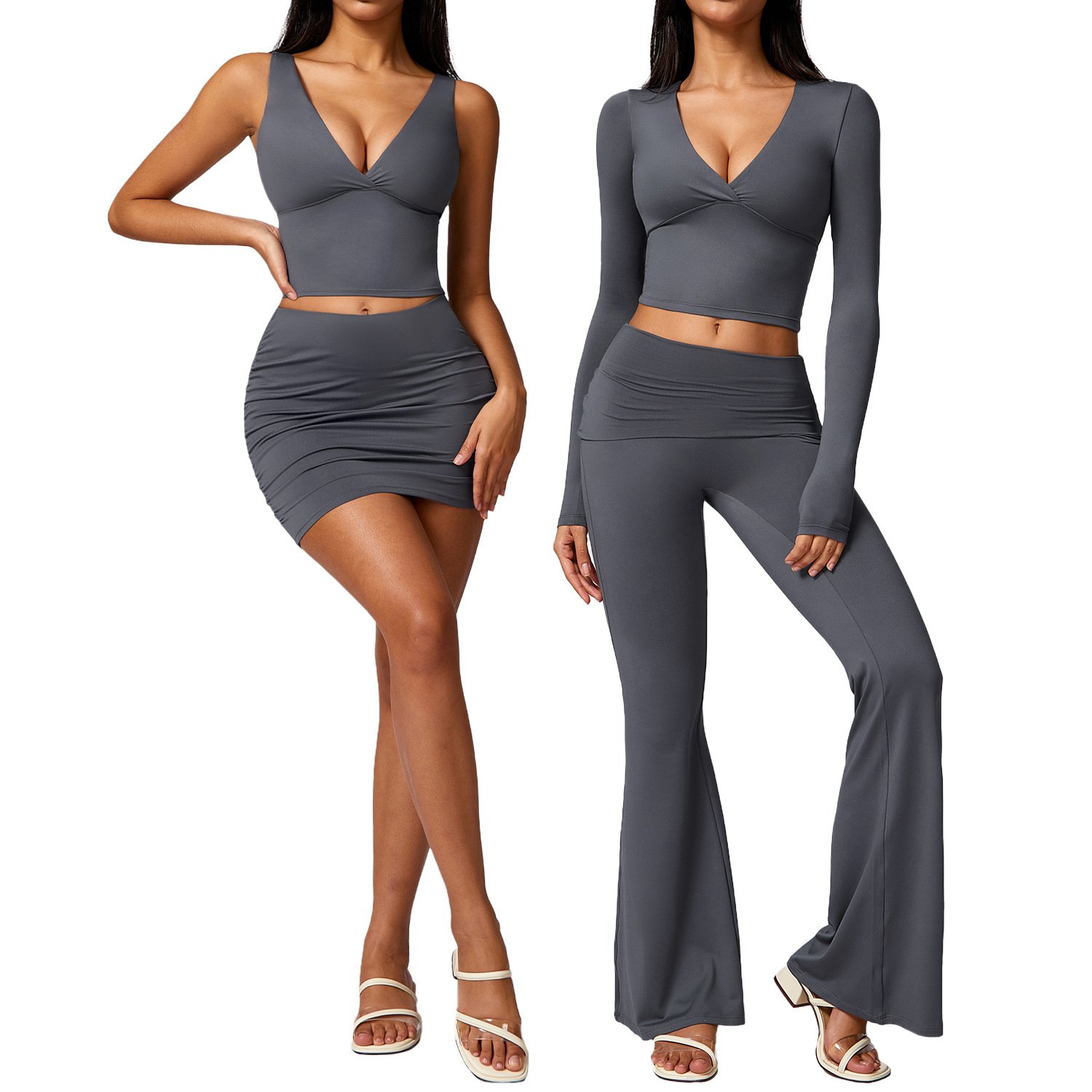 4pcs Sportswear Women Bra Smock Tights Crop Top 3 Pieces Workout Set Long Sleeve Fitness Yoga Set Fitness Clothing Women