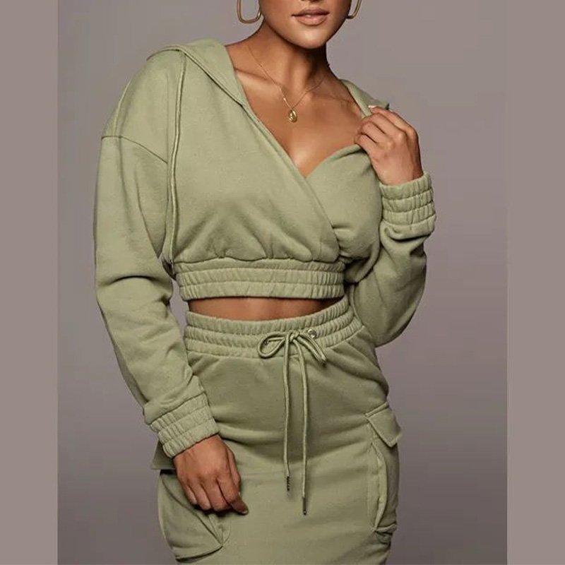 Two Piece Set Women Long Sleeve Sexy Crop Top Hoodie And Skirt Suit Soild Color Two Piece Long Skirt Set Women
