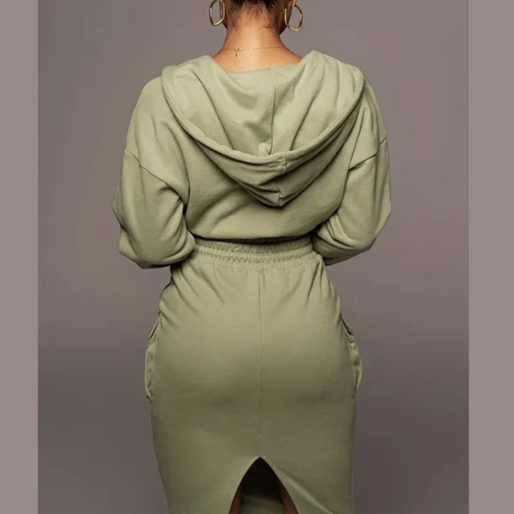 Two Piece Set Women Long Sleeve Sexy Crop Top Hoodie And Skirt Suit Soild Color Two Piece Long Skirt Set Women