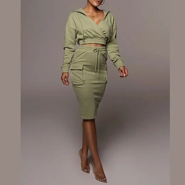 Two Piece Set Women Long Sleeve Sexy Crop Top Hoodie And Skirt Suit Soild Color Two Piece Long Skirt Set Women