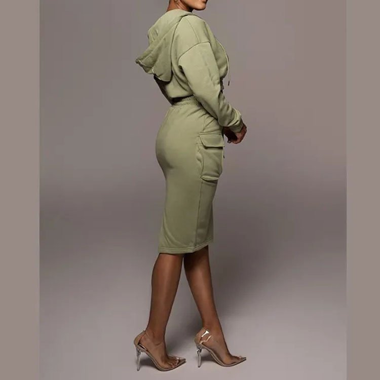Two Piece Set Women Long Sleeve Sexy Crop Top Hoodie And Skirt Suit Soild Color Two Piece Long Skirt Set Women