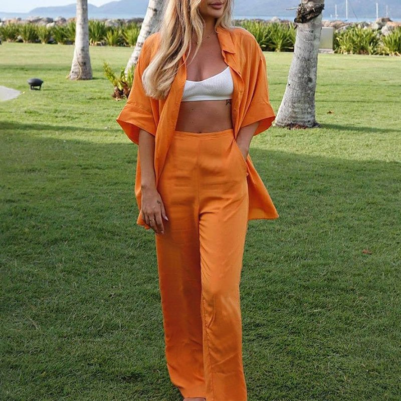 2022 summer new Cotton linen shirt trousers casual wide leg suit loose women's clothing sweater two-piece pants sets