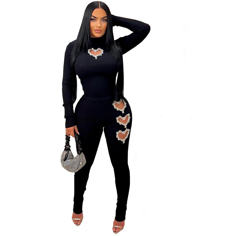 2024 Casual Sexy Hollow Out Heart Shape Two-piece Legging Set With Long Crop Top And Tight Legging Pants