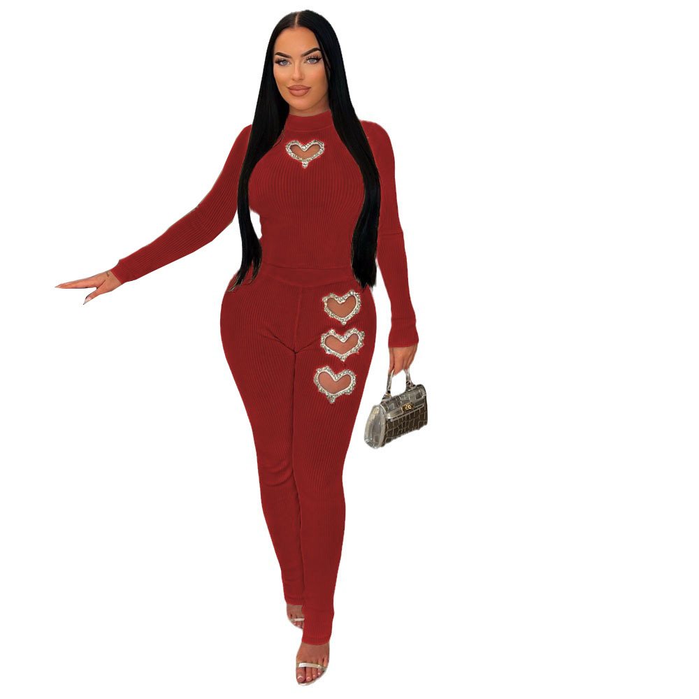 2024 Casual Sexy Hollow Out Heart Shape Two-piece Legging Set With Long Crop Top And Tight Legging Pants