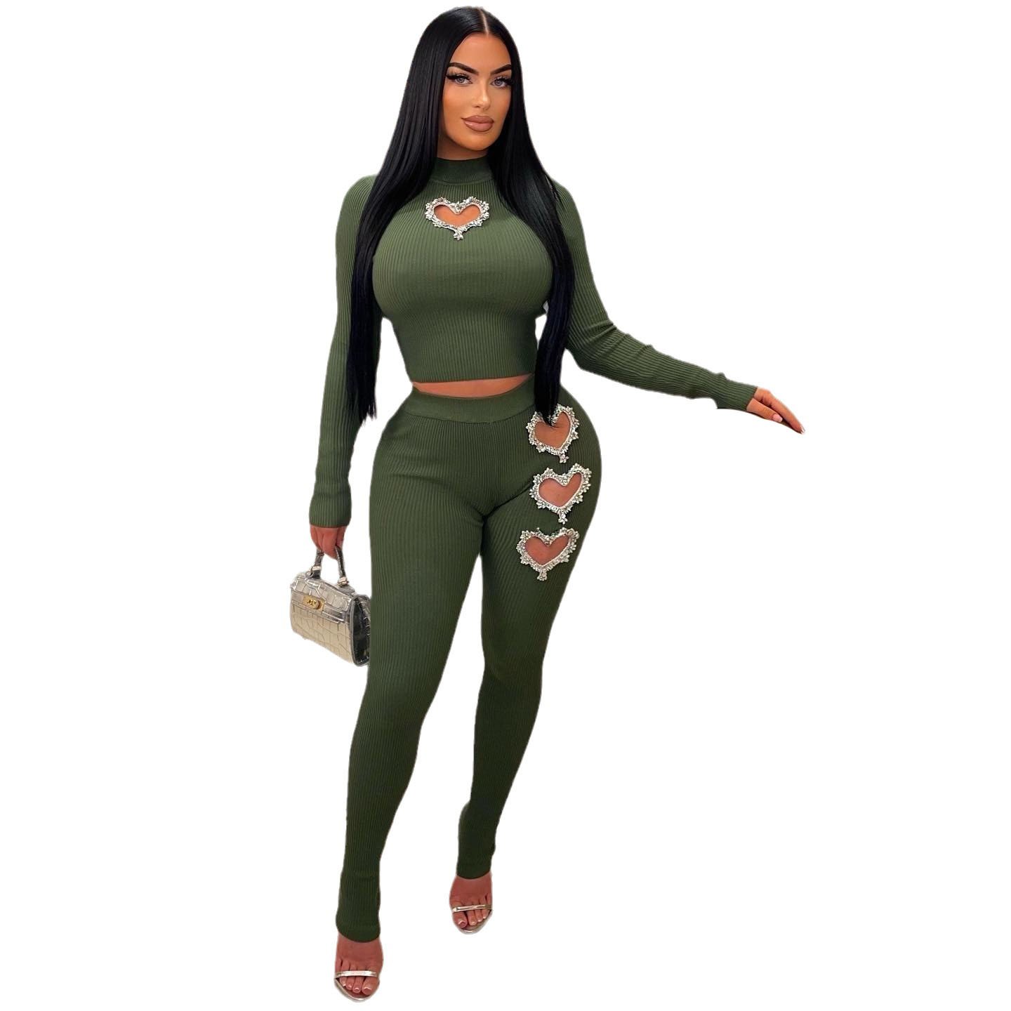 2024 Casual Sexy Hollow Out Heart Shape Two-piece Legging Set With Long Crop Top And Tight Legging Pants