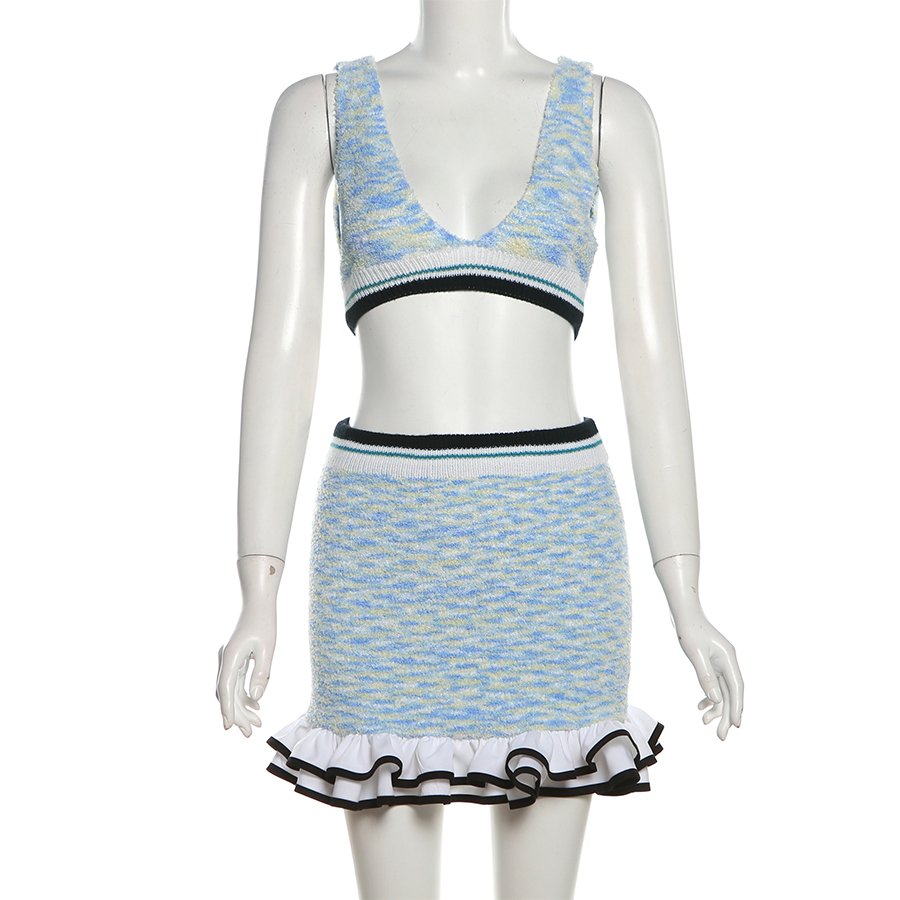 Kliou W24S44720 Summer Knit Skirts Sets Falbala V NeckTops Skirt 2 Piece Set Women Sexy Women's Set