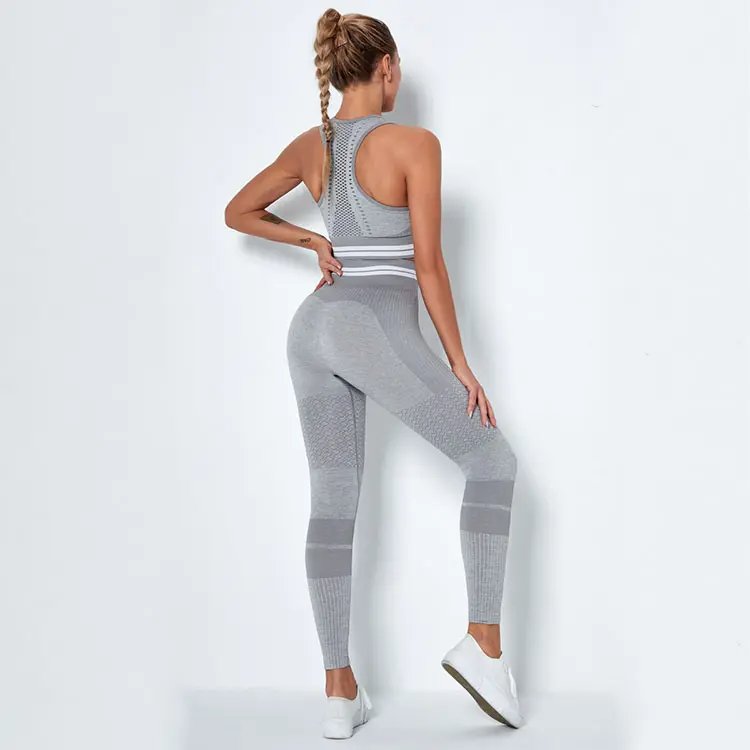 2 Piece Women Stripe Seamless Butt Lift High Waisted Sports Fitness Gym Wear Workout Yoga Suit Set
