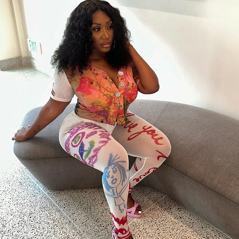 2024 summer trendy boutique casual two piece pants set digital print women's sets