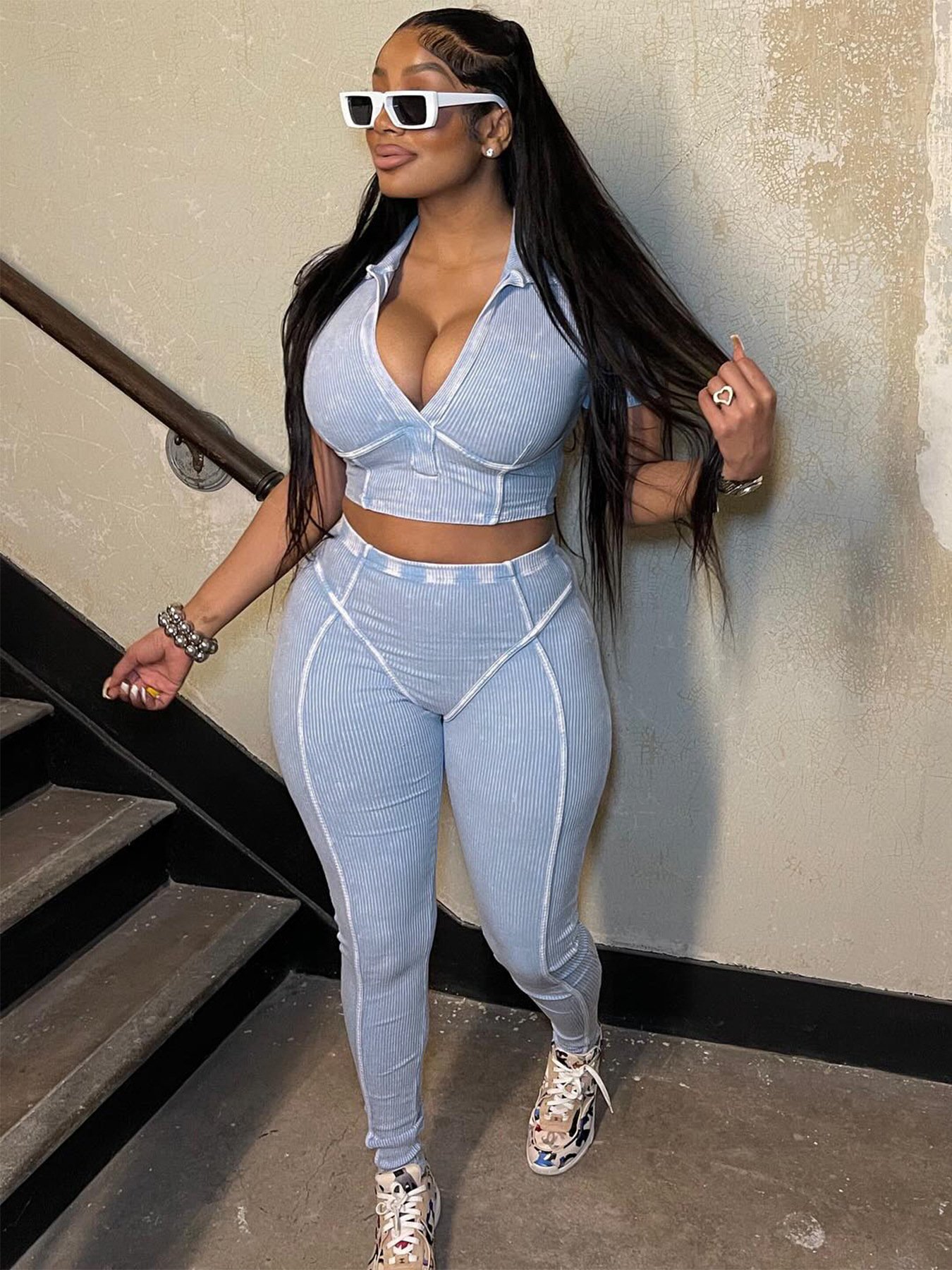 Peeqi HR24036 hot selling summer women's tracksuit two piece pants set fashion trendy washed deep V-neck top 2 pieces suit women
