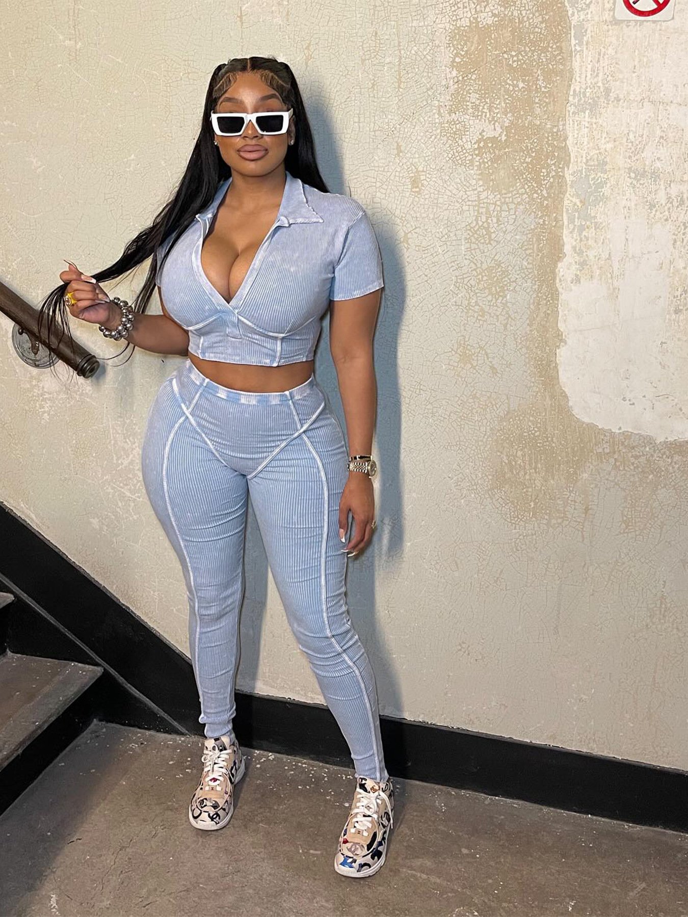 Peeqi HR24036 hot selling summer women's tracksuit two piece pants set fashion trendy washed deep V-neck top 2 pieces suit women