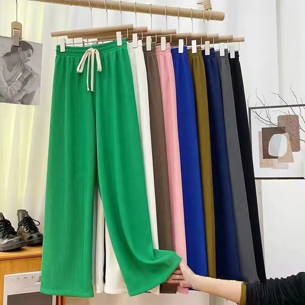 New Spring/Summer Wide Legged FashionWomen's Loose Ribbed Pants with Drawstring High WaistStraight Leg Casual Women's Maxi Pants