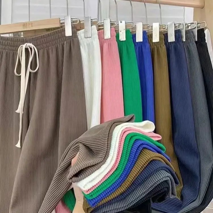 New Spring/Summer Wide Legged FashionWomen's Loose Ribbed Pants with Drawstring High WaistStraight Leg Casual Women's Maxi Pants