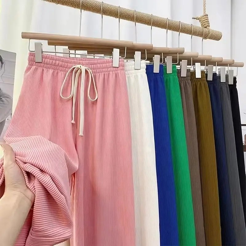 New Spring/Summer Wide Legged FashionWomen's Loose Ribbed Pants with Drawstring High WaistStraight Leg Casual Women's Maxi Pants