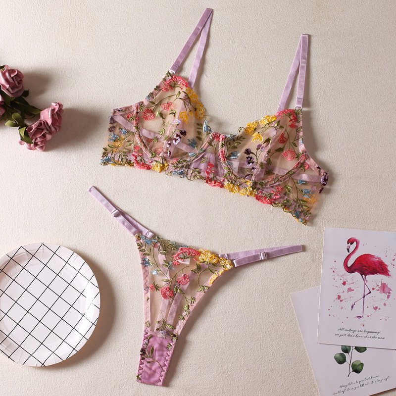 Small Floral Single Layer Transparent Sexy Bra Lace And Cotton Women Underwear Set High Quality