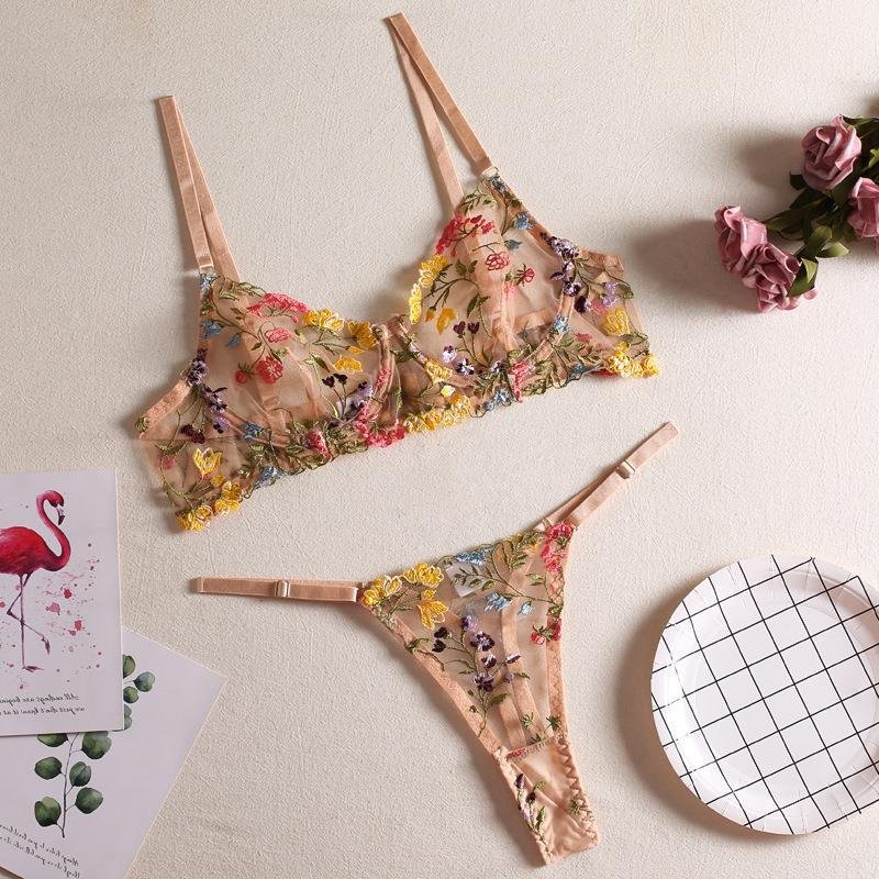 Small Floral Single Layer Transparent Sexy Bra Lace And Cotton Women Underwear Set High Quality