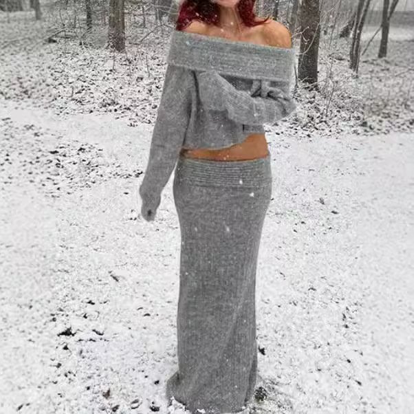 Boutique Wholesale 2024 Autumn New Fashion Knitted One Shoulder Sweater Half Skirt Women's Set