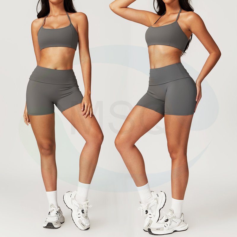 Custom Logo Women's sets 3 Piece Yoga Set Naked Feeling Halter Bra High Waist Shorts Tummy Control Fold Over Flare Pants Set