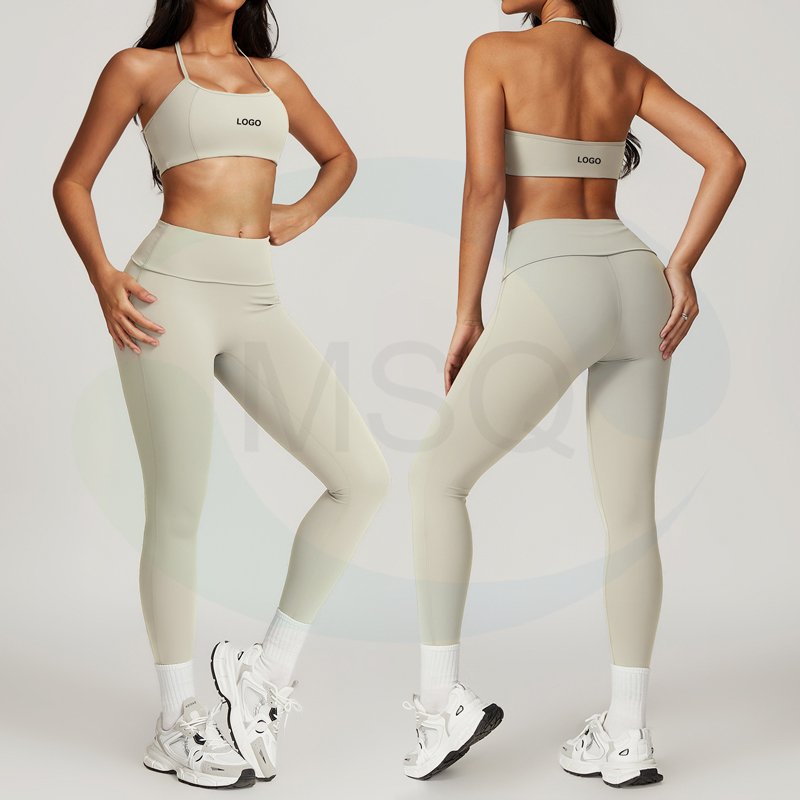 Custom Logo Women's sets 3 Piece Yoga Set Naked Feeling Halter Bra High Waist Shorts Tummy Control Fold Over Flare Pants Set