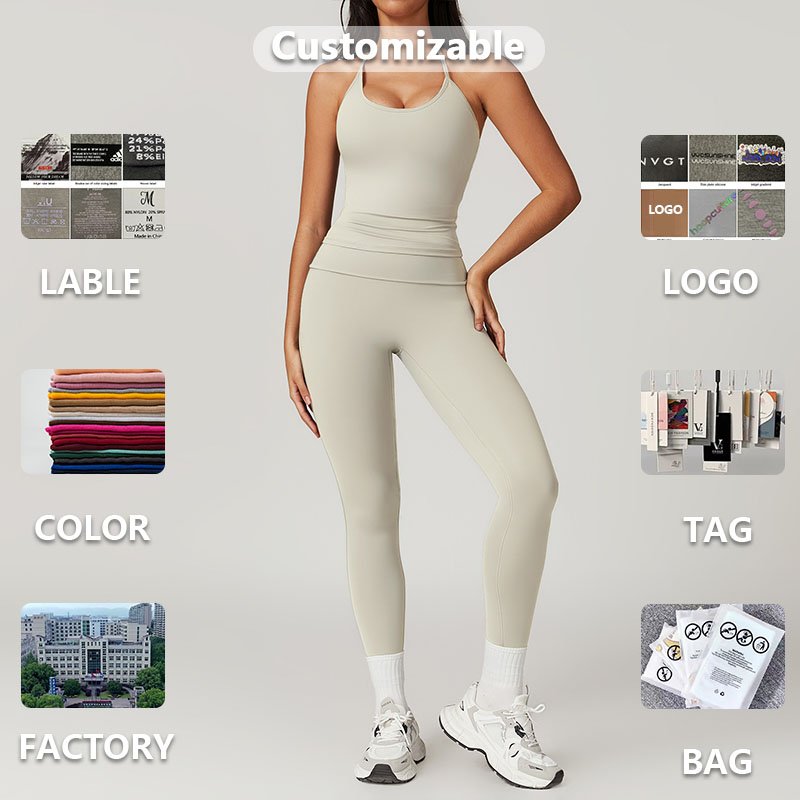 XW-TZ8791-1 New Style Classic Round Neck Strap Folded Waistband Design Sportswear Plus Size Gym Fitness Yoga Women's Sets