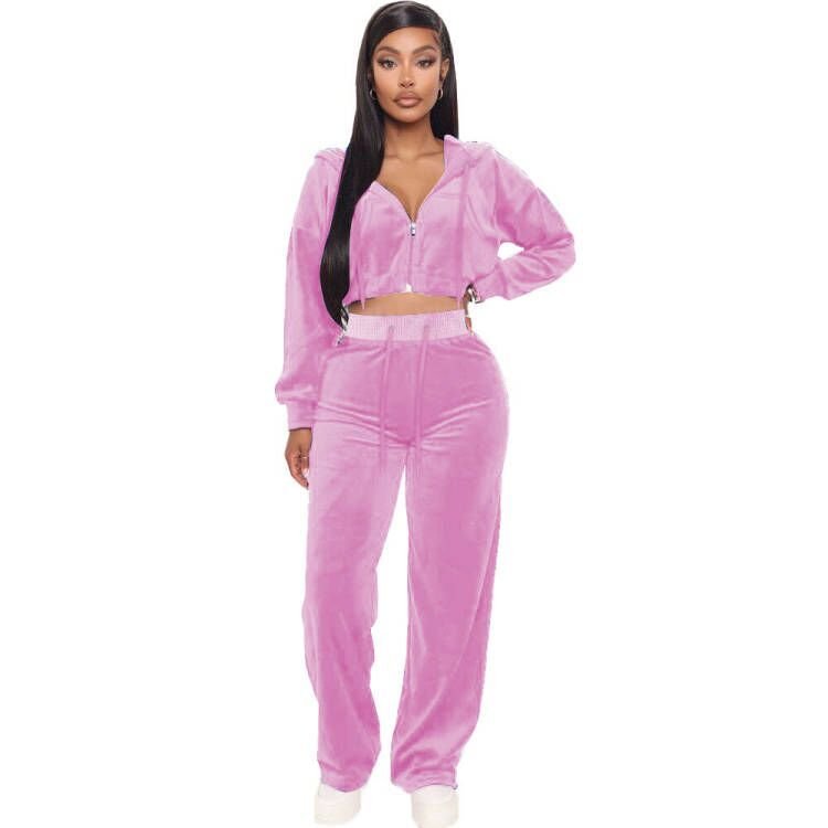 Hot Sell Sexy Cropped Zip Up Hoodie Tracksuits Velvet Sports Outfits Custom Sublimation Logo Plus Size Gym 2 Piece Women'S Sets