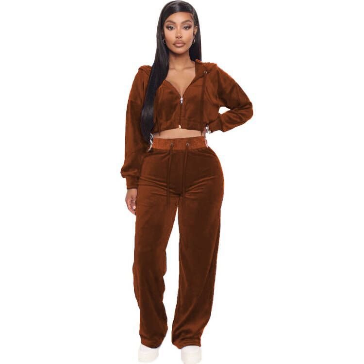Hot Sell Sexy Cropped Zip Up Hoodie Tracksuits Velvet Sports Outfits Custom Sublimation Logo Plus Size Gym 2 Piece Women'S Sets