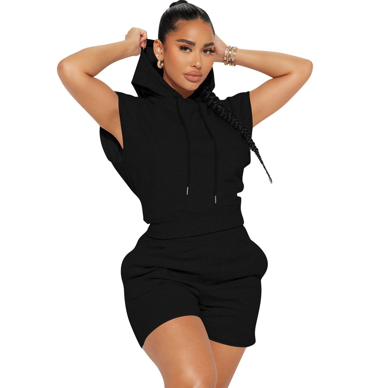 Factory Direct OEM Gym Workout Sports Women Pants and Crop Top Sleeveless Hoodie Jogger Shorts Tracksuit Two Piece Women's Sets