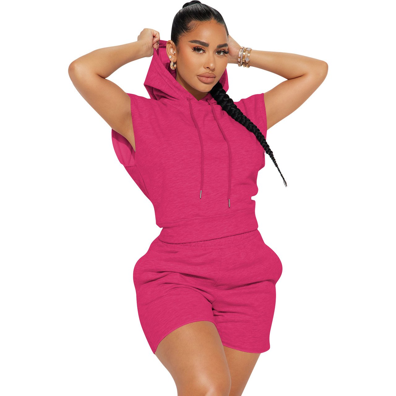 Factory Direct OEM Gym Workout Sports Women Pants and Crop Top Sleeveless Hoodie Jogger Shorts Tracksuit Two Piece Women's Sets