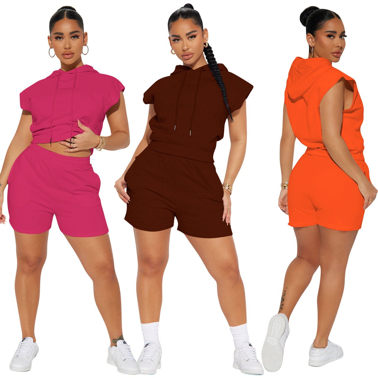 Factory Direct OEM Gym Workout Sports Women Pants and Crop Top Sleeveless Hoodie Jogger Shorts Tracksuit Two Piece Women's Sets