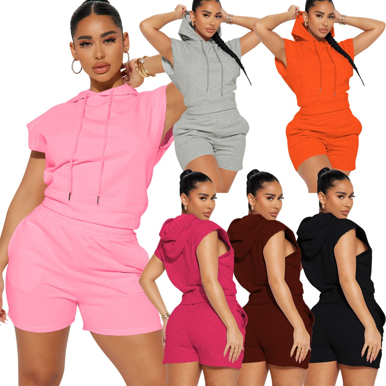 Factory Direct OEM Gym Workout Sports Women Pants and Crop Top Sleeveless Hoodie Jogger Shorts Tracksuit Two Piece Women's Sets