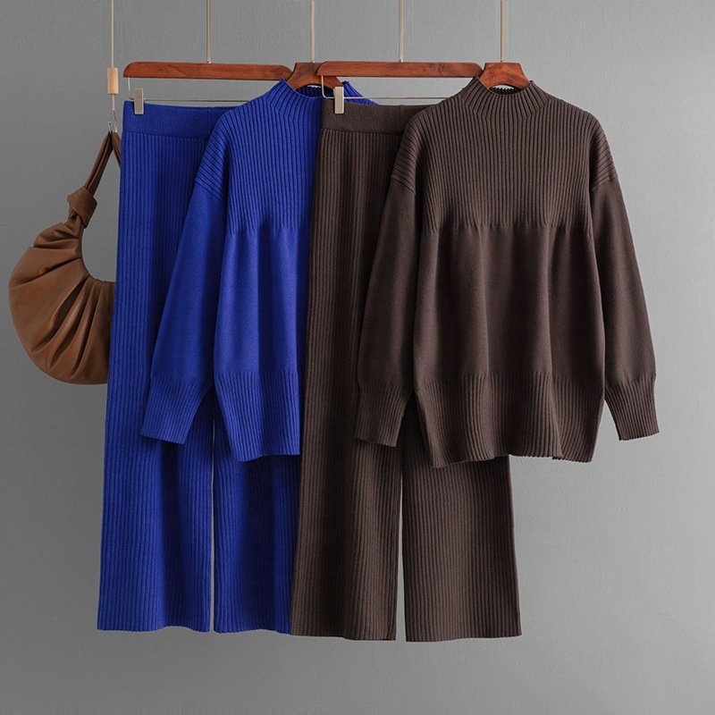 High-grade Casual Two-piece Printed Knit Fashion Set Women's Autumn Winter Long Sleeve Sweater + High Waist Slimming Slacks